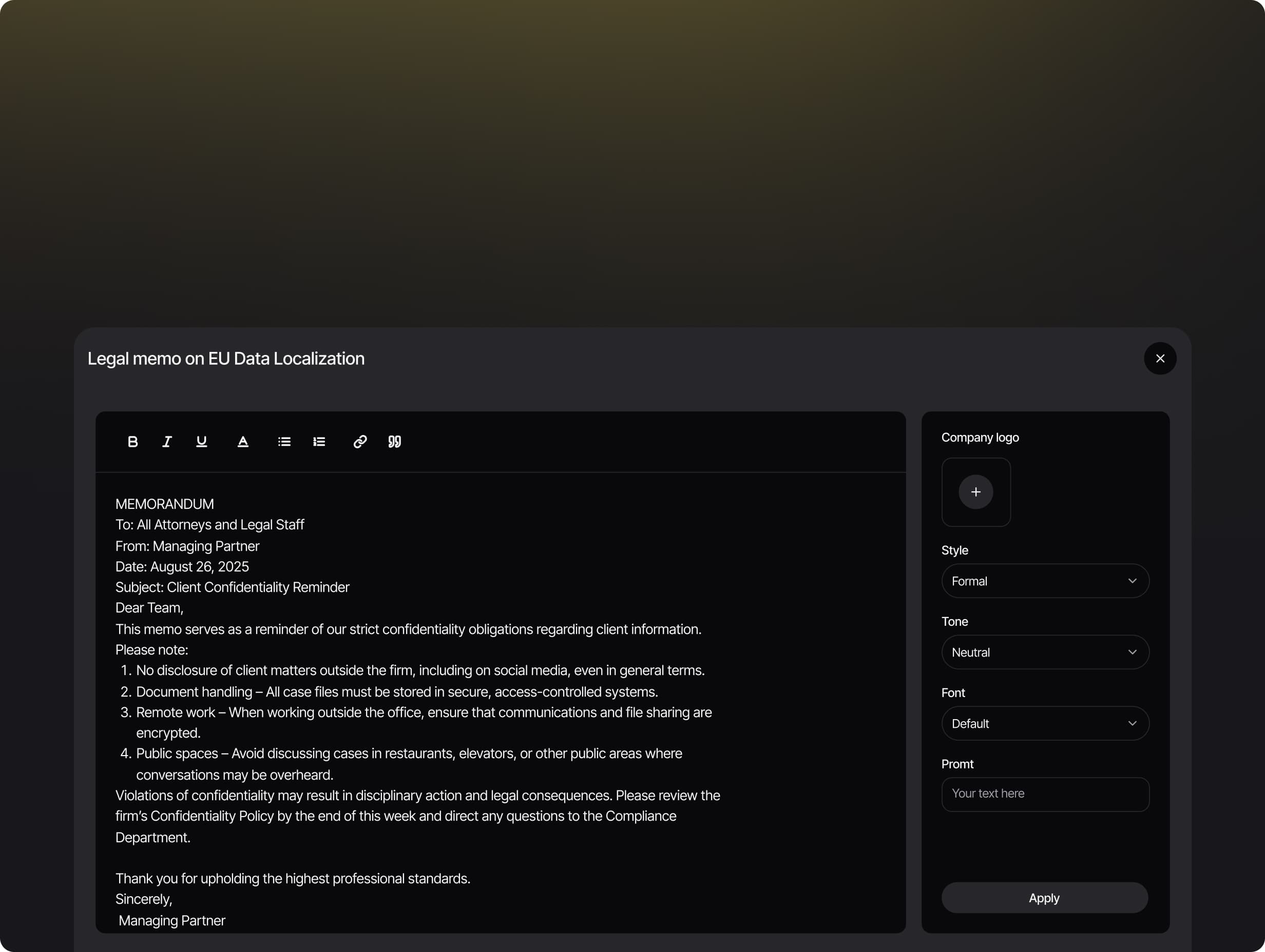 Professional Memoranda, Generated in Minutes